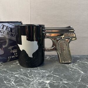 Black Ceramic Mug with Silver Gun Handle and Texas Silhouette